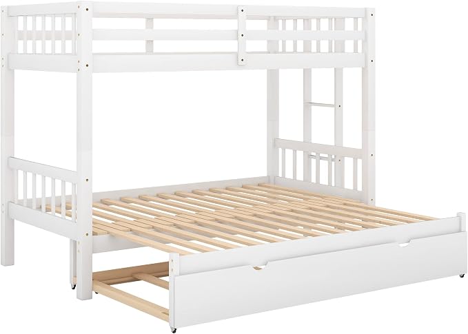 Extendable Bunk Bed with Trundle, Twin Over Double Twin Bunk Bed Frame, Upgraded Version Wooden Bunk Bed with Trundle, Pull-Out Bunk Bed Frame Can Be Extendable, No Spring Box Needed, White