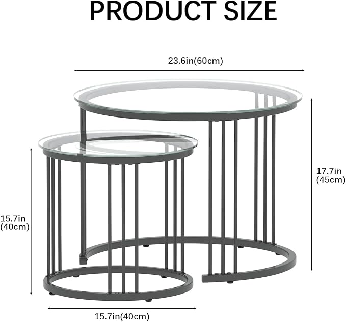 Garden 4 you Nesting Coffee Table, 23.6" Round Coffee Table Set of 2, Glass Nesting Table with Metal Frame, Ceter Tables for Living Room Bedroom Balcony, Black