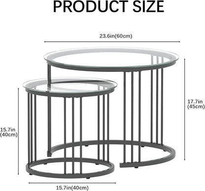 Garden 4 you Nesting Coffee Table, 23.6" Round Coffee Table Set of 2, Glass Nesting Table with Metal Frame, Ceter Tables for Living Room Bedroom Balcony, Black