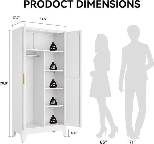 COFaR 71" Metal Wardrobe Closet with Adjustable Shelves & Hanging Rod, Freestanding Armoire with Top Storage & Two-Section Design, White Steel Storage Cabinet for Bedroom