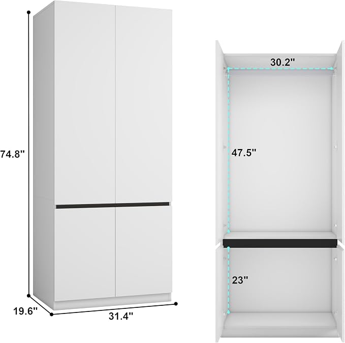 Bedroom Armoire Wardrobe Closet with 6 Doors: 75" White Wardrobe Cabinet for Clothes, Wooden Closet with Hanging Rod, Modern Armoire with Shelves (3)