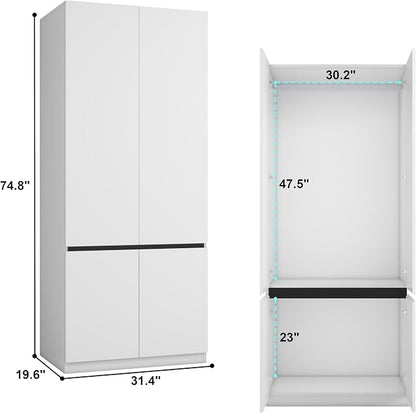 Bedroom Armoire Wardrobe Closet with 2 Doors: 75" White Wardrobe Cabinet for Clothes, Wooden Closet with Hanging Rod, Modern Armoire with Shelves (1)