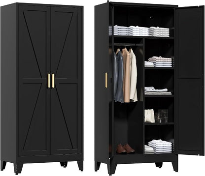 Washsemba 71'' Farmhouse Metal Wardrobe Cabinet with Hanging Rod, 2 Barn Door Wardrobe Closet with 5 Adjustable Shelves,Drawer,for Dining Room,Bedroom,Living Room, Cloak Room,Office (Black)