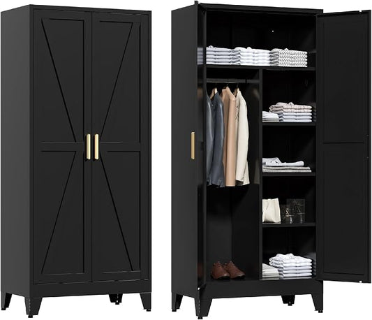 Washsemba 71'' Farmhouse Metal Wardrobe Cabinet with Hanging Rod, 2 Barn Door Wardrobe Closet with 5 Adjustable Shelves,Drawer,for Dining Room,Bedroom,Living Room, Cloak Room,Office (Black)