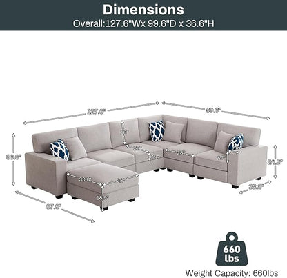 Legend Vansen Oversized Modular Sectional Sofa,U/L‑Shaped Reversible Couch with Ottoman,Deep Seat Plush Polyester Sofa for Living Room,7‑Seater,Light Grey