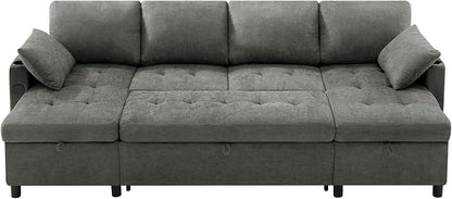 110" U-Shape Reversible Sectional Sofa Bed w/USB Port, Light Grey | Upholstered Sleeper Couch w/Adjustable Backrest and Storage Chaises, Chenille Modern Sofa w/Pull-Out Bed for Living Room