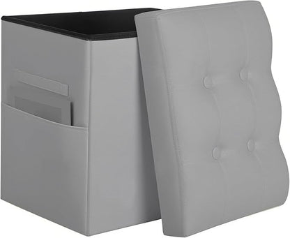 Ottoman with Storage, Ottoman Foot Rest Stool with Handles & Side Pocket. Folding Leather Storage Bench with Thicker Foam Padded Seat. Slim Tall Ottomans for Living Room 350lbs, 17x13x17in, Grey