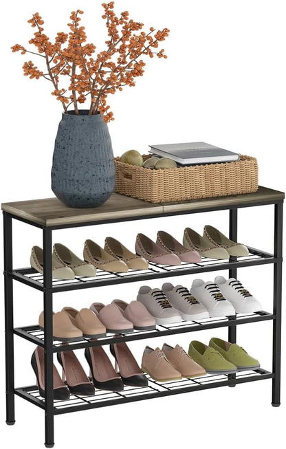 4-Tier Metal Shoe Rack with Wood Top - Durable & Space-Saving Shoe Organizer,Industrial Shoe Organizer Shelf Bench Storagefor Closet Entryway, Bedroom & Hallway - Gray + Black 28.5 W × 25.5" H