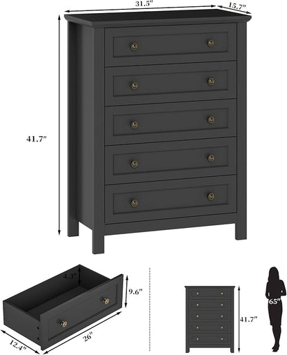 Farmhouse Dresser Nightstand Sets, 3-Piece Bedroom Furniture Set for Home | 5 Drawer Dresser Closet & 3 Drawer Nightstand Set of 2, Chest of Drawers for Bedroom, Living Room, Entryway, Black