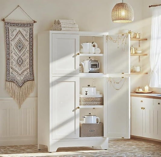 Metal Pantry Cabinet,Tall Kitchen Pantry Storage Cabinet with 4 Doors and 2 Adjustable Shelves,White Freestanding Cupboard Cabinet for Kitchen,Living Room,Dining Room,Home