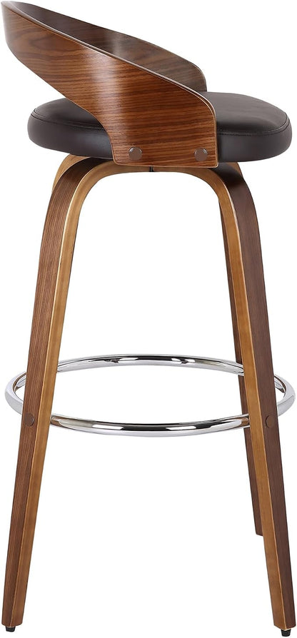 Armen Living Sonia 26" Seat Height Mid Century Modern Swivel Bar Stool for Kitchen Island Counter in Brown Faux Leather and Walnut Wood
