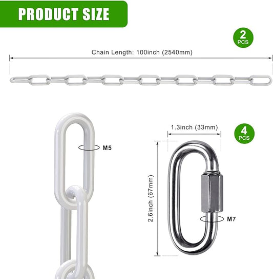 BeneLabel 2Pcs 100" Swing Chain with Hooks 1000 LBs Capacity Porch Swing Chain Coated Hanging Chains with Carabiners White Chains for Hammock, Hanging Chair, Swingset, Heavy Bags