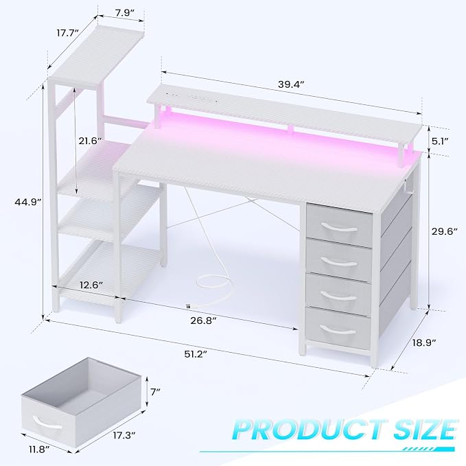 51 Inch Gaming Desk with Power Outlet and LED Lights, Computer Desk with 4 Drawers & Storage Shelves, Reversible Home Office Desk with Monitor Stand for Small Space Bedroom, Carbon Fiber White