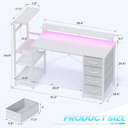 51 Inch Gaming Desk with Power Outlet and LED Lights, Computer Desk with 4 Drawers & Storage Shelves, Reversible Home Office Desk with Monitor Stand for Small Space Bedroom, Carbon Fiber White
