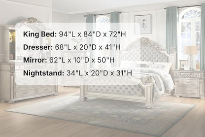 First of a Kind Platinum Traditional 5 Piece King Bedroom Set with Upholstered Tufted Headboard Elegant European Inspired Design Coordinated Furniture Collection, Silver