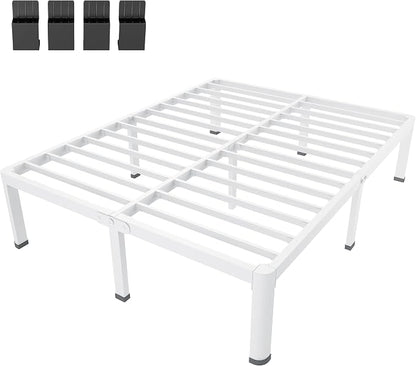 MAF 20 Inch Queen Size Bed Frame White with Round Corner Legs Mattress Slide Stopper No Box Spring Needed Heavy Duty Metal Platform Bed Frames Under-Bed Storage Space, 3000 LBS Steel Slats Support