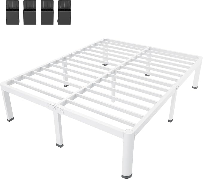 MAF 18 Inch King Size Bed Frame White with Round Corner Legs Mattress Slide Stopper No Box Spring Needed Heavy Duty Metal Platform Bed Frames Under-Bed Storage Space, 3000 LBS Steel Slats Support
