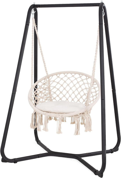 SUNCREAT Patio Swing Chair with Stand and Cushion, Heavy Duty Hanging Chair with Stand for Bedroom, 330 lbs Capacity, Patent Pending, Beige