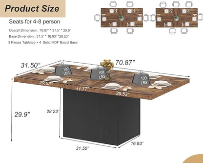 HSH Dining Table for 6 to 8, 71” Wood Rectangular Dinner Table, 6 ft Industrial Kitchen Table only with Black Pedestal, Modern Large Dining Room Table for Home Gathering Office, Rustic Brown, 71 Inch