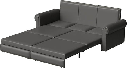 93.7" King Size Sleeper Sofa Bed, Pull Out Sofa Bed, Faux Leather Upholstery, 3 in 1 Convertible Sleeper Couch, Chaise Lounge, Retro Recliner for Living Room, Apartment, Office, Grey