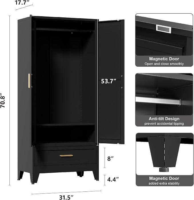 Washsemba 71'' Black Farmhouse Metal Wardrobe Cabinet with Hanging Rod, 2 Barn Door Wardrobe Closet with Adjustable Shelves,Drawer,for Dining Room,Bedroom,Living Room, Cloak Room,Office