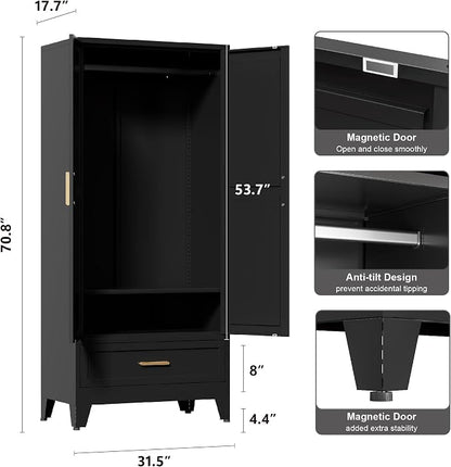 Washsemba 71'' Black Farmhouse Metal Wardrobe Cabinet with Hanging Rod, 2 Barn Door Wardrobe Closet with Adjustable Shelves,Drawer,for Dining Room,Bedroom,Living Room, Cloak Room,Office