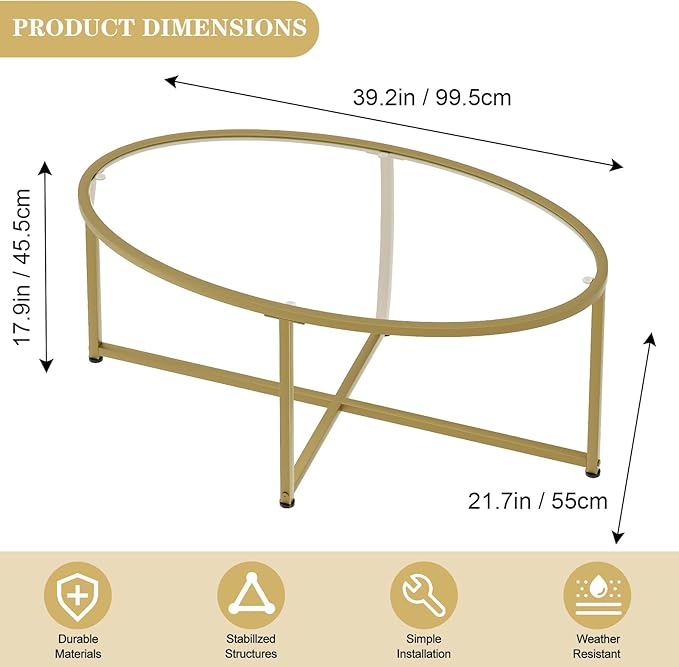 Wolawu Coffee Table Gold Oval Glass Coffee Tables for Living Room,Modern Gold Metal Frame Tea Tables for Small Space, Tempered Glass Top Center Table with Stable Cross Base for Bedroom, Office,Balcony