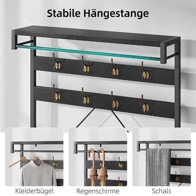 Hall Tree with Bench and Shoe Storage, Entryway Bench with Coat Rack, 3-in-1 Mudroom Organizer with 8 Hooks, Freestanding Industrial Storage Rack for Hallway, Black