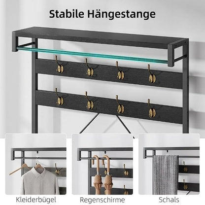 Hall Tree with Bench and Shoe Storage, Entryway Bench with Coat Rack, 3-in-1 Mudroom Organizer with 8 Hooks, Freestanding Industrial Storage Rack for Hallway, Black