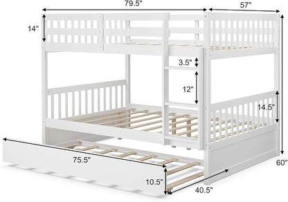 KOMFOTT Wood Full Over Full Bunk Bed with Trundle, Full Bed Frame with Ladder, Solid Wood Frame & Safety Guardrails, Space-Saving Bunk Bed for Teens & Adults, No Box Spring Needed