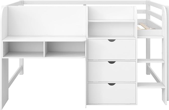Bellemave Full Size Low loft Bed with Desk, for Kids,Wood Modern Farmhouse Full Loft Bed with Storage Cabinets,Bookcase, No Box Spring Needed, White
