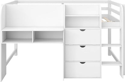 Bellemave Full Size Low loft Bed with Desk, for Kids,Wood Modern Farmhouse Full Loft Bed with Storage Cabinets,Bookcase, No Box Spring Needed, White