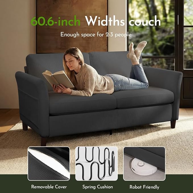 Valthie 61" Corduroy Loveseat Sofa, Modern Comfy Couches with Side Pocket, 2-Seater Sofa Couch for Living Room, Bedroom and Small Spaces,Grey