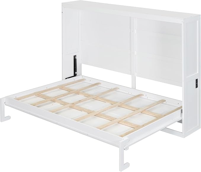 Ball & Cast Full Size Wall Cabinets Murphy Bed with Charging Station and Slat Support,Wood Hideaway Cabinet Platform Beds w/Leg & Lock,can be Folded,Space-Saving,for Small Room,Dorms,White
