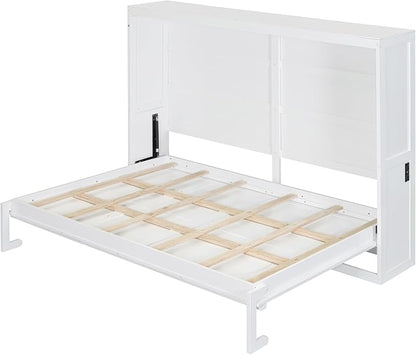 Ball & Cast Full Size Wall Cabinets Murphy Bed with Charging Station and Slat Support,Wood Hideaway Cabinet Platform Beds w/Leg & Lock,can be Folded,Space-Saving,for Small Room,Dorms,White