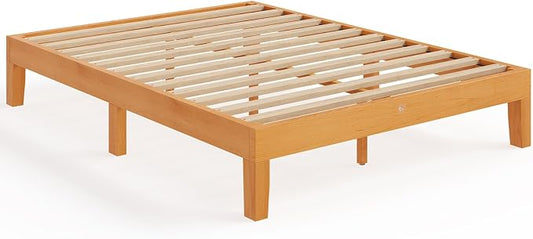 Sweetcrispy Queen Size Bed Frame 12 inch Heavy Duty Platform Bedframe, 1000 lbs Capacity, Underbed Storage, No Box Spring Needed, Wooden Slats, Easy Assembly with Velcro, Honey Finish