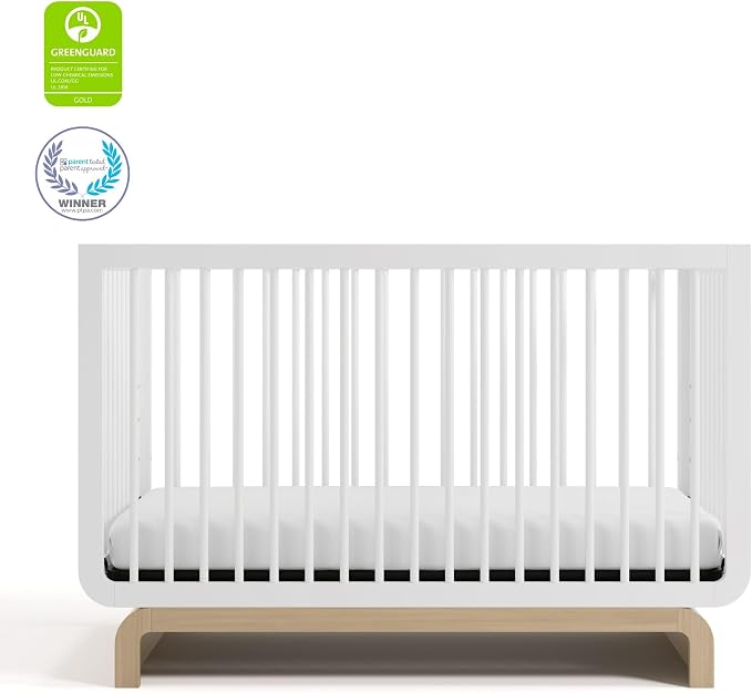Storkcraft Santorini 5-in-1 Convertible Crib with Toddler Guardrail – GREENGUARD Gold Certified, Conversion Kit Included, 100% Solid Wood, Fits Standard Crib Mattress (White and Driftwood)