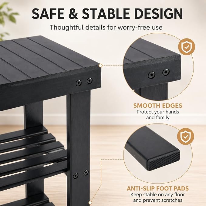 Shoe Rack Bench, 3-Tier Shoe Storage Organizer for Entryway , Shoe Shelf for Small Spaces, Multi-Functional Side Table Plant Stand, Shoe Stand for Bedroom, Living Room, Closet, Front Door, Black