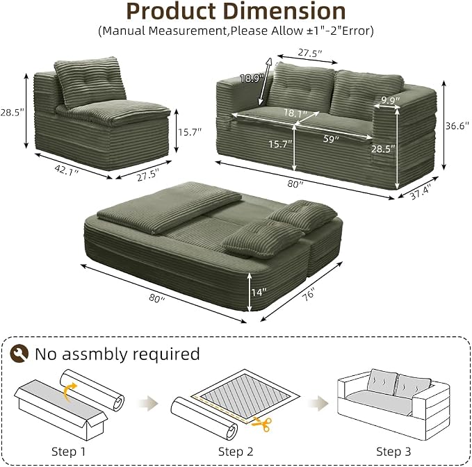 80'' Futon Sofa Bed, King Size Foldable Sleeper Sofa, Corduroy Boneless Loveseat Couch with Chaise Lounge, 3 Pillows, Blanket, Upholstered Sectional Couches for Living Room,Bedroom, Pine Green