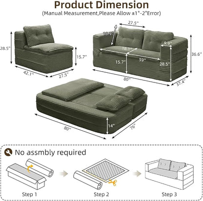 80'' Futon Sofa Bed, King Size Foldable Sleeper Sofa, Corduroy Boneless Loveseat Couch with Chaise Lounge, 3 Pillows, Blanket, Upholstered Sectional Couches for Living Room,Bedroom, Pine Green
