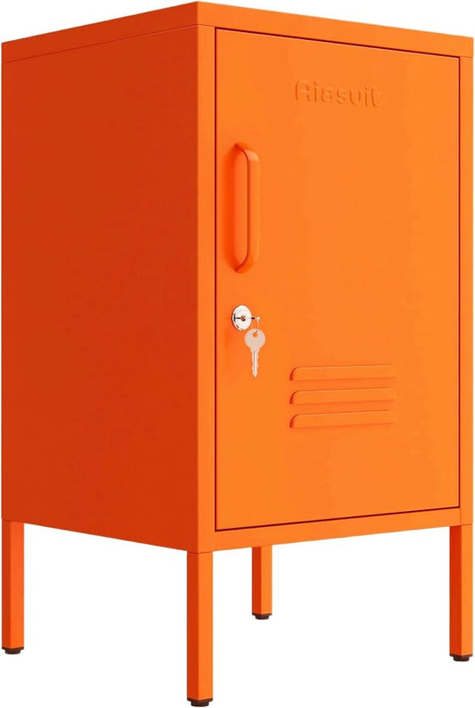 Single Door Lockable Metal End Table & Children's Bedside Table, 2-Tier Storage Cabinet with Adjustable Shelf, Easy Assembly Side Table for Living Room Bedroom Home Office Orange