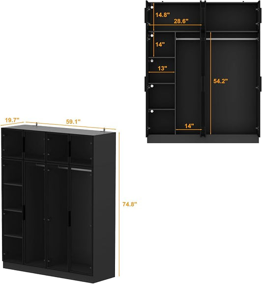 Wardrobe Cabinet with LED Light Strips, Modern Armoire Closet with Glass Doors, 59.1" W Large Bedroom Armoire Clothes Organizer with Shelve & Hanging Rods, Modern Glass Display Cabinet, Black