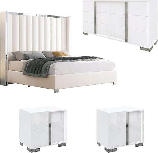 AMERLIFE 4 Piece Bedroom Furniture Set, Upholstered Queen Size Bed Frame with 53" Headboard & Wingback, 54" 6-Drawer Dresser & Nightstand Set of 2, High Gloss, Modern, White