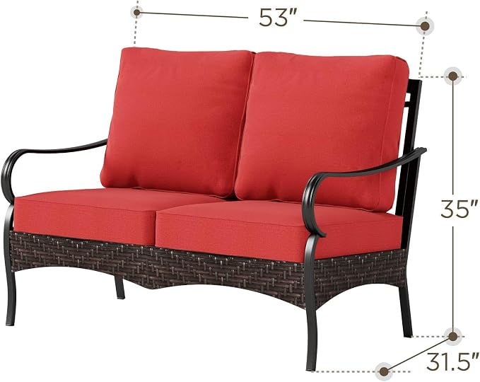 PHI VILLA Wicker & Metal Outdoor 2-Seat Patio Couch,Patio Sofa Loveseat with Deep Seating for Front Porch, Deck, Balcony, Backyard, Sunroom,Red