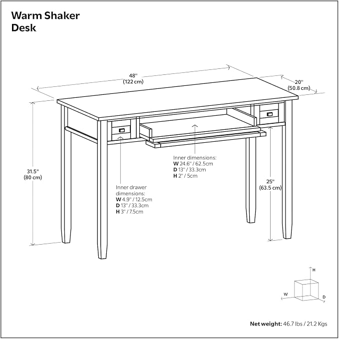 SIMPLIHOME Warm Shaker Desk - 48 inch Wide Solid Wood Writing Desk in Black, Transitional Home Office Computer Desk for Living Room with Keyboard Tray, 2 Drawers and Storage