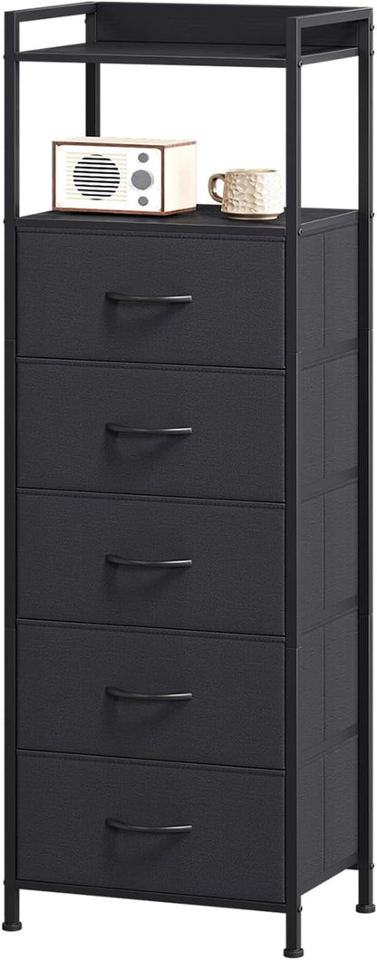 Somdot Tall Dresser for Bedroom, 5 Drawers Nightstand Vertical Storage Tower Unit, Night Stand Furniture with Fabric Drawer Organizer in Bedside Hallway, Entryway, Kids Room, Closet, Black