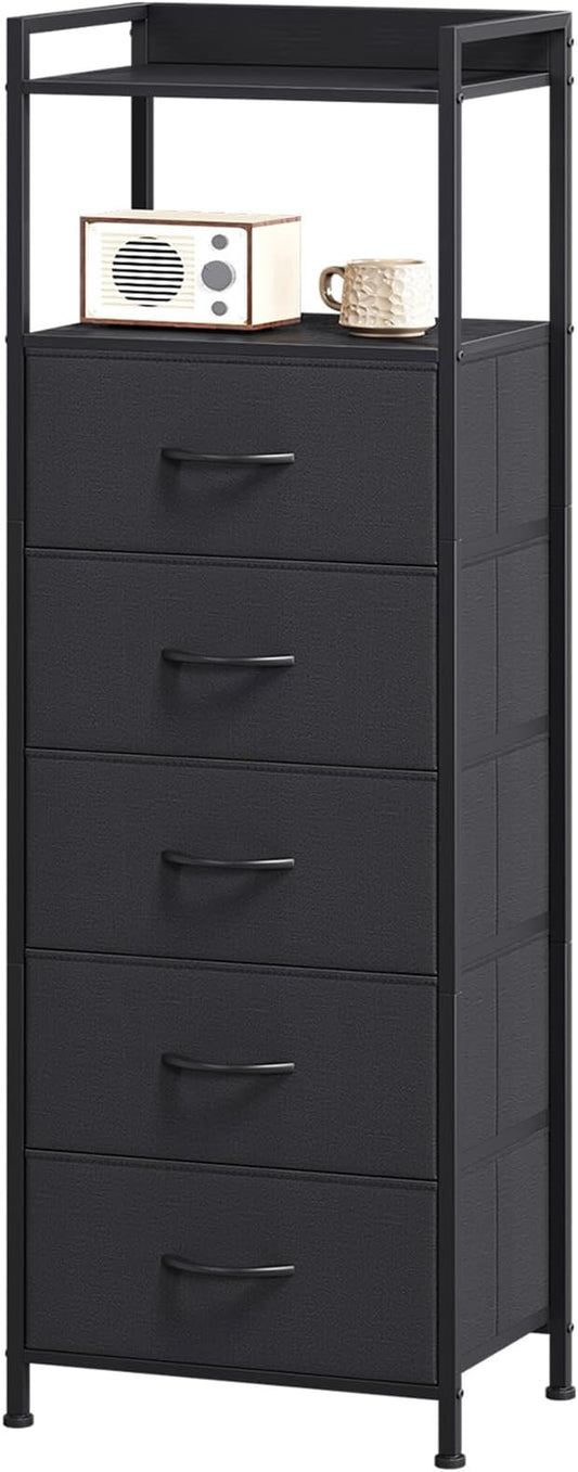 Somdot Tall Dresser for Bedroom, 5 Drawers Nightstand Vertical Storage Tower Unit, Night Stand Furniture with Fabric Drawer Organizer in Bedside Hallway, Entryway, Kids Room, Closet, Black