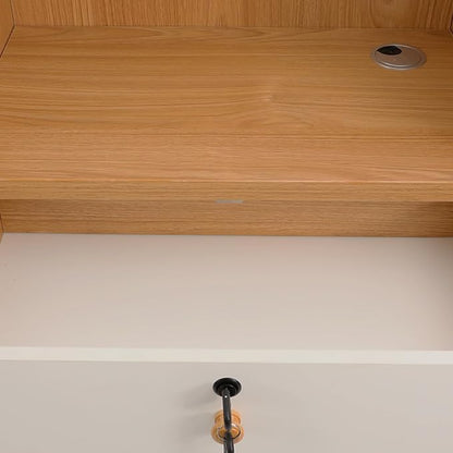 CNCEST L-Shaped Small Space Reception Desk with Locking Storage & LED Light, Modern Oak Front Desk Checkout Counter for Hotel, Shop, Beauty Salon, Office