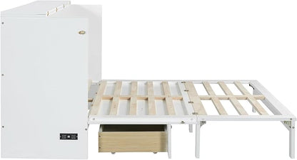 Ball & Cast Murphy Bed Queen Size Bedroom Folding Wall Cabinets Frame with Large Drawer and USB Ports,Hideaway Bed w/Tri-Fold Mattress Design,for Guest Room,Study,Office,White