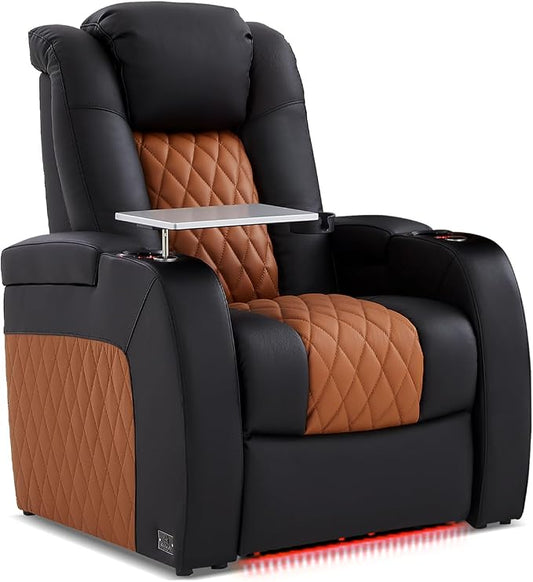 Weilianda Home Theater Seating Top Grain Leather Zero Gravity Recliner Chair Power Headrest Recline Movie Seat Gaming 7 Colors Mood Light Sofa with Tray Table Row of 1 Black Camel
